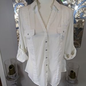 Solid white long sleeve sheer button down shirt